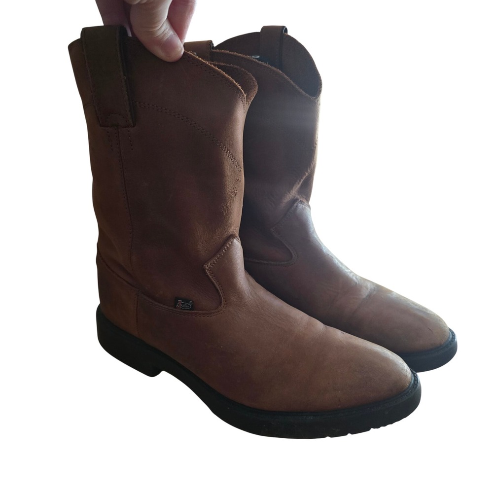 Justin‎ Brands Brown Leather Roper Boots Kids Size 5.5D 4782Y Western Pull On